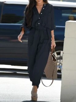 Women's Jumpsuits Utility Casual Summer Pocket Solid Color Shirt Collar Streetwear Street Going Out Regular Fit Long Sleeve Green Black Pink S M L Spring Fall -Cheap Plus Fit Dress Store gfsgfd1652681935670