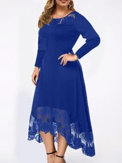 Women‘s Plus Size Curve Party Dress Lace Dress Cocktail Dress Midi Dress Black Wine Blue Long Sleeve Pure Color Lace Summer Spring Fall Crew Neck Fashion Winter Dress Birthday Wedding Guest 2023 -Cheap Plus Fit Dress Store gfucxg1690875120103