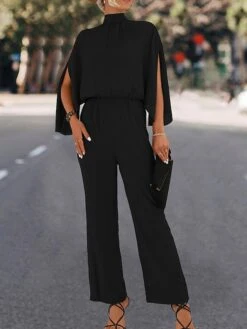 Women's Jumpsuit High Waist Solid Color Stand Collar Streetwear Work Street Xmas Regular Fit 3/4 Length Sleeve Black Green S M L Fall -Cheap Plus Fit Dress Store gfwemf1695025401639