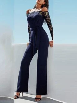 Women's Jumpsuit Lace Backless Color Block Off Shoulder Streetwear Wedding Party Regular Fit Long Sleeve Black White S M L Fall -Cheap Plus Fit Dress Store gfyimr1663234858088