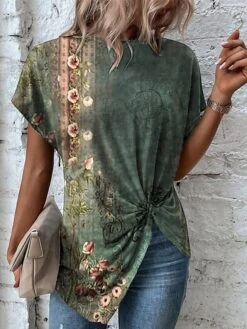 Women's Shirt Blouse Red Green Graphic Floral Print Short Sleeve Casual Holiday Basic Round Neck Regular Fit Floral