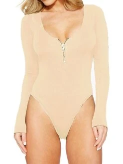 Women's Bodysuit Zipper High Waist Solid Color Round Neck Streetwear Street Daily Regular Fit Long Sleeve Light Apricot Black White S M L Fall -Cheap Plus Fit Dress Store ggdwsh1693906388099