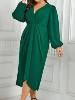 Women's Plus Size Curve Casual Dress A Line Dress Plain Midi Dress Long Sleeve Ruched V Neck Fashion Outdoor Green Fall Winter XL XXL 3XL 4XL -Cheap Plus Fit Dress Store gggbsw1695279806307