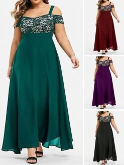 Women‘s Plus Size Curve Party Dress Homecoming Dress Formal Dress Solid Color Long Dress Maxi Dress Short Sleeve Lace Strap Modern Party Black Wine Summer Spring L XL XXL 3XL 4XL