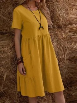 Women's Casual Dress Cotton Linen Dress Maxi Long Dress Linen / Cotton Blend Fashion Street Style Daily Date Weekend Crew Neck Ruffle Pocket Short Sleeve Summer 2023 Regular Fit Claret Black Yellow -Cheap Plus Fit Dress Store ggifha1687233827987