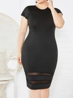 Women's Plus Size Curve Party Dress Bodycon Sheath Dress Plain Midi Dress Short Sleeve Mesh Crew Neck Fashion Party Black White Fall Winter XL XXL 3XL 4XL 5XL -Cheap Plus Fit Dress Store ggxwjn1694151470333