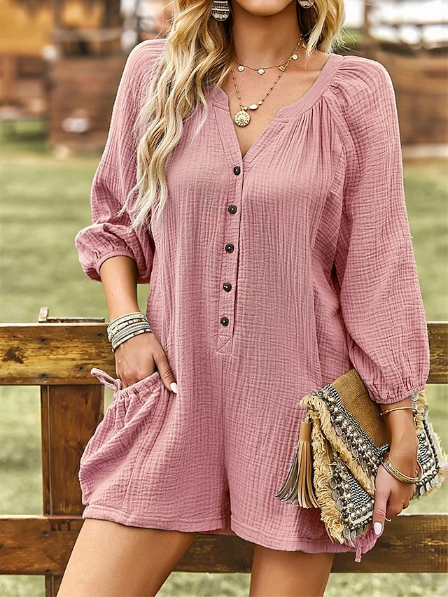 Women's Romper Button Pocket Solid Color V Neck Ordinary Daily Vacation Regular Fit Long Sleeve Pink Navy Blue Green S M L Summer 15 Women's Romper Button Pocket Solid Color V Neck Ordinary Daily Vacation Regular Fit Long Sleeve Pink Navy Blue Green S M L Summer - Image 15
