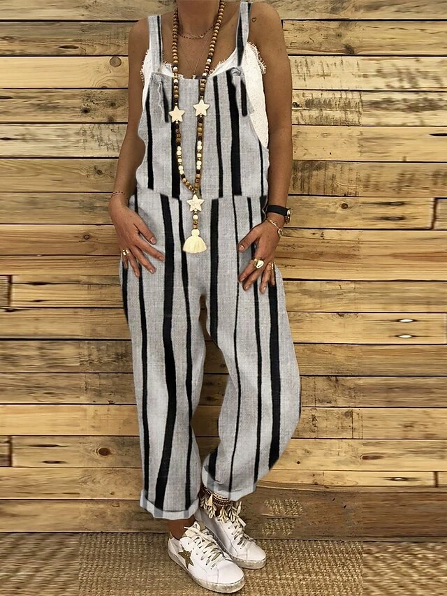 Women's Overall Pocket Print Striped Holiday Daily Vacation Straight Regular Fit Sleeveless Sleeveless Black White Red S M L Summer 6 Women's Overall Pocket Print Striped Holiday Daily Vacation Straight Regular Fit Sleeveless Sleeveless Black White Red S M L Summer - Image 6