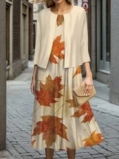 Women's Two Piece Dress Set Casual Dress Swing Dress Outdoor Office Fashion Streetwear Print Midi Dress Crew Neck 3/4 Length Sleeve Leaf Regular Fit Navy Blue Brown Khaki Fall Winter S M L XL XXL -Cheap Plus Fit Dress Store ghzwtd1697524427615
