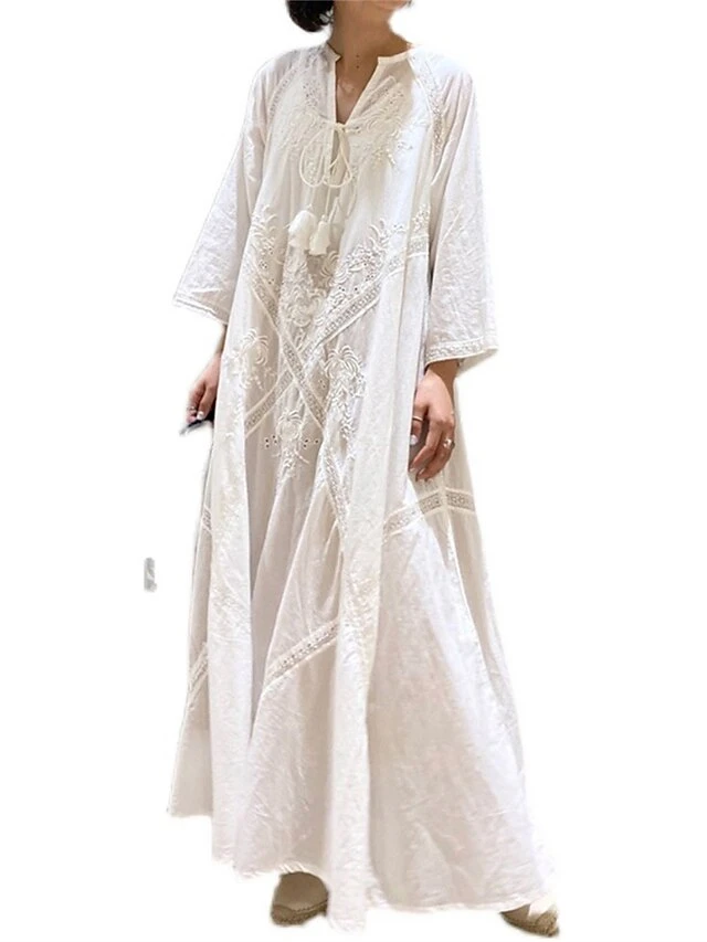 Women's Casual Dress Cotton Linen Dress Swing Dress Maxi Long Dress Linen Basic Classic Outdoor Daily Vacation V Neck Ruched Long Sleeve Spring Fall Winter 2023 Loose Fit White Plain One-Size 4 Women's Casual Dress Cotton Linen Dress Swing Dress Maxi Long Dress Linen Basic Classic Outdoor Daily Vacation V Neck Ruched Long Sleeve Spring Fall Winter 2023 Loose Fit White Plain One-Size - Image 4