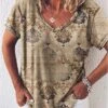 Women's T Shirt Tee Khaki Graphic Print Short Sleeve Daily Weekend Basic V Neck Regular Fit Painting