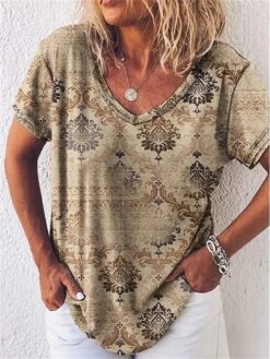 Cheap Plus Fit Dress Store 23 Women's T Shirt Tee Khaki Graphic Print Short Sleeve Daily Weekend Basic V Neck Regular Fit Painting