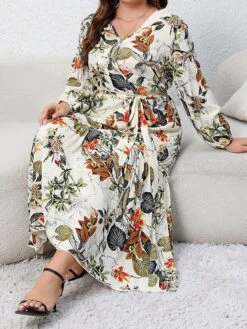 Women's Casual Dress Swing Dress Print Dress Leaf Floral Ruffle Print V Neck Long Dress Maxi Dress Fashion Streetwear Outdoor Daily Long Sleeve Regular Fit Blue Apricot Fall Winter XL XXL 3XL 4XL -Cheap Plus Fit Dress Store giqzla1697539484203