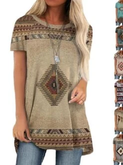 Women's T Shirt Tee Maroon Red Navy Blue Graphic Plaid Tribal Patchwork Print Short Sleeve Home Casual Daily Vintage Ethnic Round Neck Regular Fit Geometric -Cheap Plus Fit Dress Store gjfoxq1678880674418