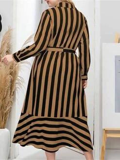 Women's Plus Size Curve Shirt Dress Casual Dress Midi Dress Outdoor Daily Vacation Polyester Fashion Classic Shirt Collar Lace Up Button Long Sleeve Spring Fall Winter Loose Fit Yellow Striped L XL -Cheap Plus Fit Dress Store gjszpt1693210757381