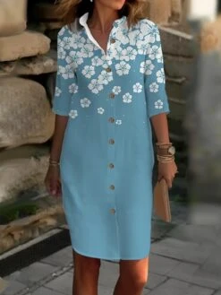 Women's Shirt Dress Casual Dress Cotton Linen Dress Midi Dress Polyester Fashion Casual Daily Outdoor Daily Vacation Shirt Collar Button Print 3/4 Length Sleeve Summer Spring Fall 2023 Loose Fit