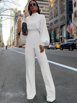 Women's Basic Fashion Streetwear Party Daily Crew NeckGreen White Black Jumpsuit Solid Color Zipper Lantern Sleeve Cold Weather