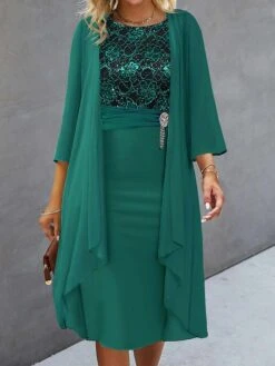 Women's Two Piece Dress Set Party Dress Lace Dress Party Office Fashion Elegant Lace Patchwork Midi Dress Crew Neck 3/4 Length Sleeve Plain Regular Fit Green Fall Winter S M L XL XXL -Cheap Plus Fit Dress Store gkqdbo1696758947887