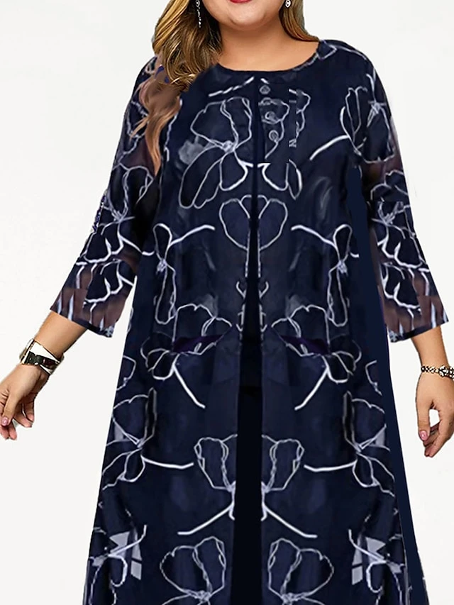 Women's Plus Size Two Piece Dress Set Casual Dress Chiffon Dress Outdoor Daily Fashion Elegant Print Midi Dress Crew Neck 3/4 Length Sleeve Floral Regular Fit Navy Blue Fall Winter L XL XXL 3XL 4XL 3 Women's Plus Size Two Piece Dress Set Casual Dress Chiffon Dress Outdoor Daily Fashion Elegant Print Midi Dress Crew Neck 3/4 Length Sleeve Floral Regular Fit Navy Blue Fall Winter L XL XXL 3XL 4XL - Image 3