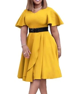 Women‘s Plus Size Curve Flattering Dresses Elegant Apple Shaped Dress Wedding Guest Work Dress Pure Color V Neck Ruffle Short Sleeve Spring Fall Work Knee Length Dress Going Out Work Dress -Cheap Plus Fit Dress Store gkygjb1666680380225