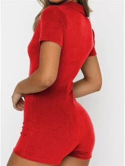 Women's Romper Button High Waist Solid Color Shirt Collar Sexy Daily Vacation Regular Fit Short Sleeve Black Red Navy Blue S M L Spring -Cheap Plus Fit Dress Store glfdqz1676962536962