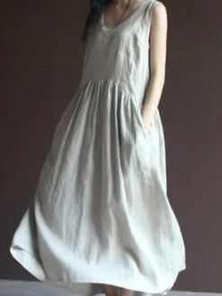 Women's Casual Dress Cotton Linen Dress Swing Dress Maxi Long Dress Cotton Blend Basic Casual Outdoor Vacation V Neck Pocket Sleeveless Summer Spring 2023 Regular Fit Navy Blue Apricot Pure Color M L -Cheap Plus Fit Dress Store glsnbd1677135423992