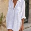 Women's Cotton Linen Dress Casual Dress Shift Dress Mini Dress Cotton Blend Modern Casual Outdoor Daily Shirt Collar Pocket 3/4 Length Sleeve Summer Spring Fall 2023 Regular Fit White Plain S M L XL