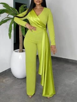 Women's Jumpsuit High Waist Solid Color V Neck Elegant Wedding Party Regular Fit Long Sleeve Black Blue Orange S M L Summer