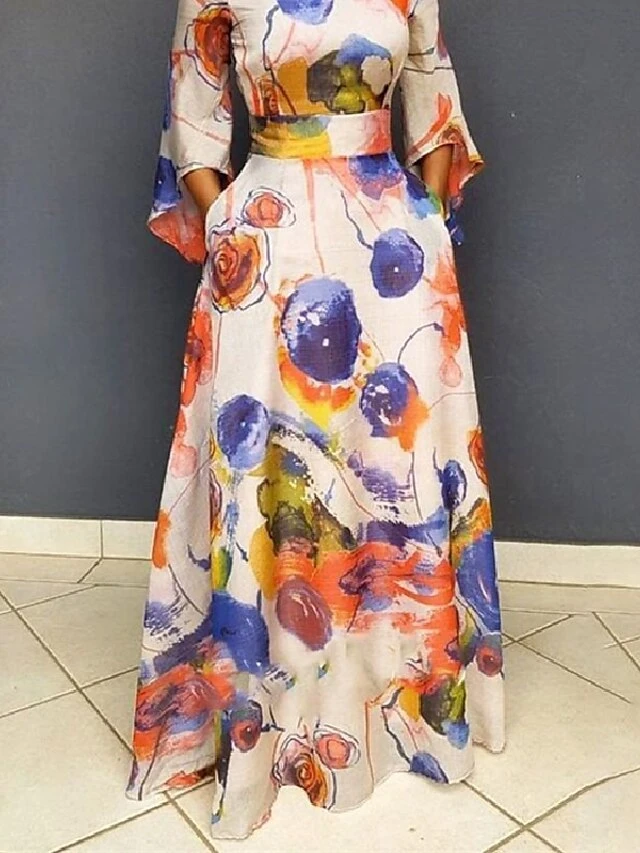 Women‘s Plus Size Curve Holiday Dress Floral Crew Neck Print 3/4 Length Sleeve Fall Spring Elegant Maxi Long Dress Formal Party Dress 5 Women‘s Plus Size Curve Holiday Dress Floral Crew Neck Print 3/4 Length Sleeve Fall Spring Elegant Maxi Long Dress Formal Party Dress - Image 5