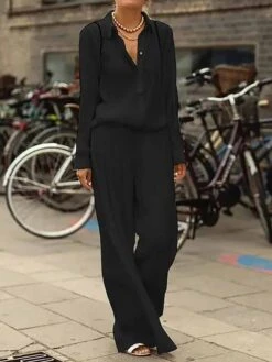 Women's Two Pieces Clean Fit Button Solid Color Shirt Collar Casual Daily Holiday Wide Leg Regular Fit Long Sleeve Black Gray Sky Blue S M L Spring Fall Cold Weather -Cheap Plus Fit Dress Store gnfuiq1647410498275