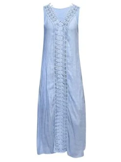 Women's Casual Dress Cotton Linen Dress White Dress Maxi Long Dress Polyester Lace Fashion Daily Weekend V Neck Lace Split Sleeveless Summer 2023 Loose Fit Lake Blue Black White Plain S M L XL 2XL -Cheap Plus Fit Dress Store gngpiy1686105103909