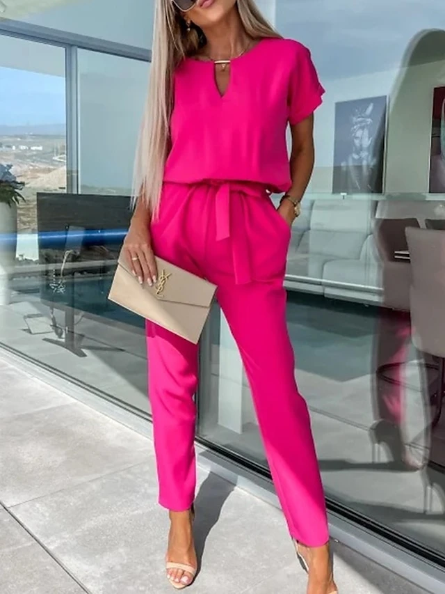 Women's Jumpsuits Casual Summer Lace Up High Waist Solid Color Crew Neck Business Office Work Loose Fit Short Sleeve Black Pink Fuchsia S M L 15 Women's Jumpsuits Casual Summer Lace Up High Waist Solid Color Crew Neck Business Office Work Loose Fit Short Sleeve Black Pink Fuchsia S M L - Image 15