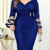 Women‘s Plus Size Curve Party Dress Solid Color V Neck Mesh Long Sleeve Fall Spring Elegant Prom Dress Midi Dress Formal Party Dress