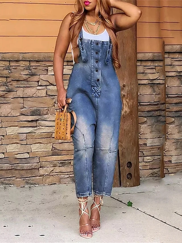 Women‘s Overall Pocket Solid Color Denim Square Neck Streetwear Daily Vacation Regular Fit Sleeveless Black Navy Blue Dusty Blue S M L Fall 2 Women‘s Overall Pocket Solid Color Denim Square Neck Streetwear Daily Vacation Regular Fit Sleeveless Black Navy Blue Dusty Blue S M L Fall - Image 2