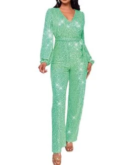 Women's Jumpsuit Lace Up Patchwork Solid Color V Neck Streetwear Party Street Regular Fit Long Sleeve Claret Champagne Gold Silver White S M L Fall -Cheap Plus Fit Dress Store gokpdo1697766342810