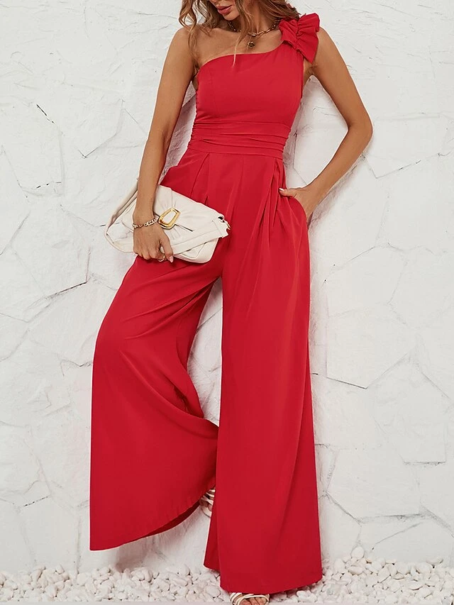 Women's Jumpsuit Ruffle Patchwork Solid Color One Shoulder Streetwear Christmas Party Street Xmas Wide Leg Slim Sleeveless Red S M L Fall 1 Women's Jumpsuit Ruffle Patchwork Solid Color One Shoulder Streetwear Christmas Party Street Xmas Wide Leg Slim Sleeveless Red S M L Fall
