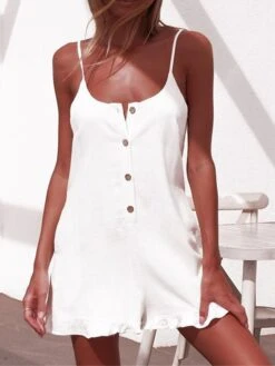 White Jumpsuits For Women Romper Ruffle Button Solid Color Crew Neck Streetwear Street Daily Regular Fit Spaghetti Strap Black Orange S M L Summer -Cheap Plus Fit Dress Store gomdne1680073083457