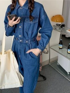 Women's Jumpsuit Button High Waist Solid Color Shirt Collar Streetwear Street Going Out Regular Fit Long Sleeve Blue S M L Winter 22 Women's Jumpsuit Button High Waist Solid Color Shirt Collar Streetwear Street Going Out Regular Fit Long Sleeve Blue S M L Winter -Cheap Plus Fit Dress Store gomvfl1666761195794