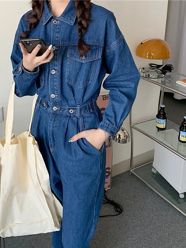 Women's Jumpsuit Button High Waist Solid Color Shirt Collar Streetwear Street Going Out Regular Fit Long Sleeve Blue S M L Winter 10 Women's Jumpsuit Button High Waist Solid Color Shirt Collar Streetwear Street Going Out Regular Fit Long Sleeve Blue S M L Winter - Image 10