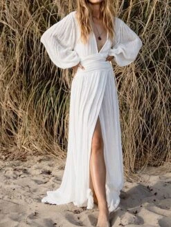 Women's Casual Dress Cotton Linen Dress Maxi Long Dress Polyester Basic Casual Daily Vacation V Neck Split Long Sleeve Summer Spring Fall 2023 Regular Fit Black White Pink Pure Color S M L XL