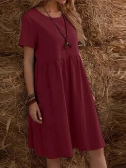 Women's Casual Dress Cotton Linen Dress Maxi Long Dress Linen / Cotton Blend Fashion Street Style Daily Date Weekend Crew Neck Ruffle Pocket Short Sleeve Summer 2023 Regular Fit Claret Black Yellow -Cheap Plus Fit Dress Store goziow1687233822801