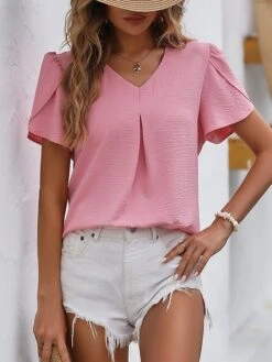 Women's Shirt Blouse Black White Pink Floral Plain Print Short Sleeve Casual Basic V Neck Regular Fit Floral Petal Sleeve 22 Women's Shirt Blouse Black White Pink Floral Plain Print Short Sleeve Casual Basic V Neck Regular Fit Floral Petal Sleeve -Cheap Plus Fit Dress Store gpkquz1686223375420