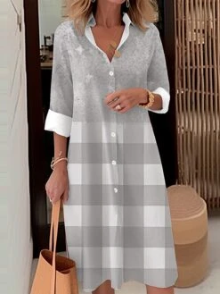 Women's Shirt Dress Casual Dress Midi Dress Outdoor Office Daily Polyester Fashion Modern Shirt Collar Button Pocket Long Sleeve Fall Winter 2023 Loose Fit Pink Sky Blue Orange Plaid Ombre S M L XL -Cheap Plus Fit Dress Store gppgqr1694421622496