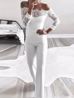 Women's Jumpsuit Lace High Waist Solid Color Off Shoulder Elegant Wedding Party Regular Fit Long Sleeve Black White Blue S M L Fall -Cheap Plus Fit Dress Store gpufmy1692237308144
