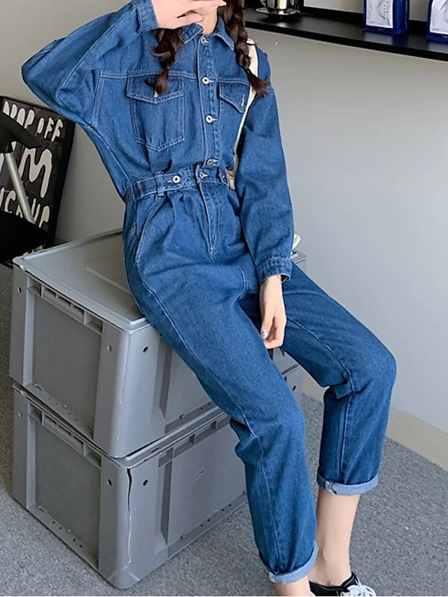 Women's Jumpsuit Button High Waist Solid Color Shirt Collar Streetwear Street Going Out Regular Fit Long Sleeve Blue S M L Winter 6 Women's Jumpsuit Button High Waist Solid Color Shirt Collar Streetwear Street Going Out Regular Fit Long Sleeve Blue S M L Winter - Image 6