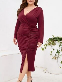 Women‘s Plus Size Curve Work Dress Sheath Dress Semi Formal Dress Fashion Midi Dress Ruched Split V Neck Long Sleeve Plain Regular Fit Black Wine Purple Fall Winter L XL XXL 3XL 4XL -Cheap Plus Fit Dress Store gqgygp1691401367151