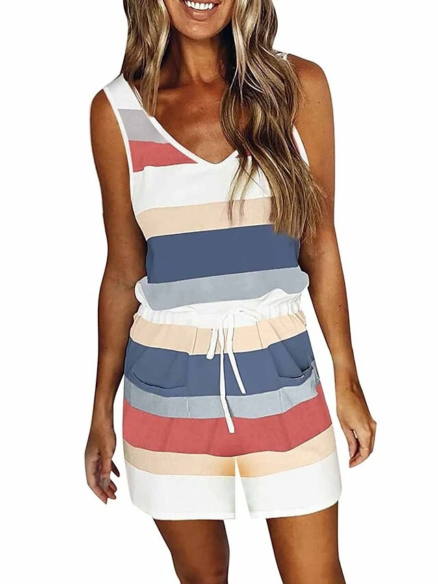 Women's Romper Pocket Print Striped V Neck Streetwear Daily Vacation Regular Fit Sleeveless Red Blue Green S M L Summer 2 Women's Romper Pocket Print Striped V Neck Streetwear Daily Vacation Regular Fit Sleeveless Red Blue Green S M L Summer - Image 2