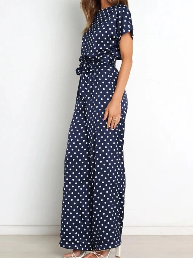 One Piece Jumpsuits For Women Zipper Polka Dot Crew Neck Elegant Party Vacation Regular Fit Short Sleeve Blue S M L Spring 2 One Piece Jumpsuits For Women Zipper Polka Dot Crew Neck Elegant Party Vacation Regular Fit Short Sleeve Blue S M L Spring - Image 2