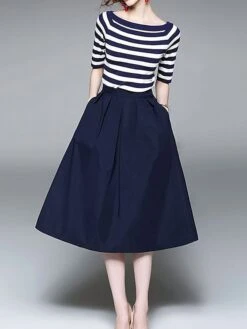 Women's Two Piece Dress Set Casual Dress Skirt Set Daily Going Out Fashion Streetwear Ribbed Print Midi Dress Crew Neck Short Sleeve Stripe Slim Blue Fall S M L XL XXL