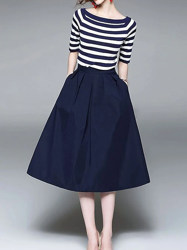 Women's Two Piece Dress Set Casual Dress Skirt Set Daily Going Out Fashion Streetwear Ribbed Print Midi Dress Crew Neck Short Sleeve Stripe Slim Blue Fall S M L XL XXL 1 Women's Two Piece Dress Set Casual Dress Skirt Set Daily Going Out Fashion Streetwear Ribbed Print Midi Dress Crew Neck Short Sleeve Stripe Slim Blue Fall S M L XL XXL